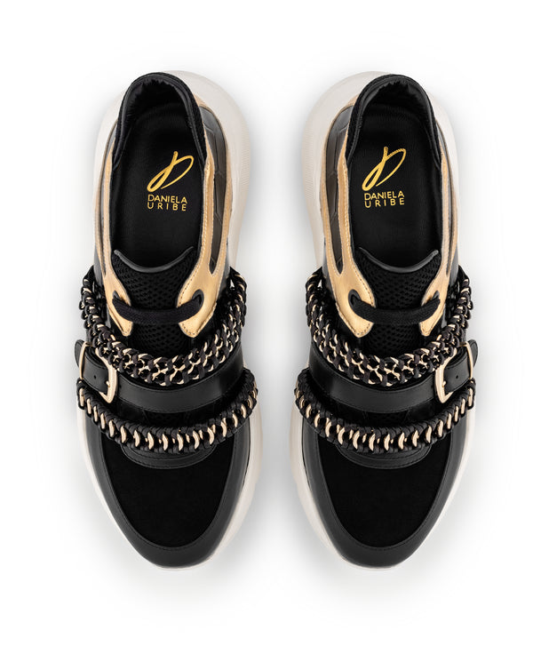 Italian made sneakers in black and gold with chains