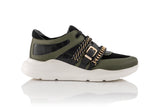 black and gold leather sneaker with white sole, gender neutral sizing