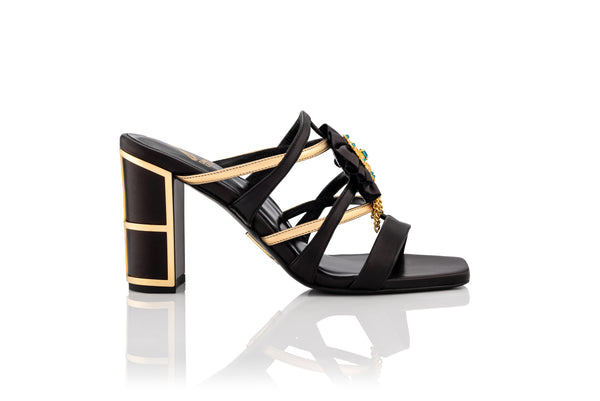 Black and Gold Sandal with Swarovski Crystals and gold plated filigree adornments