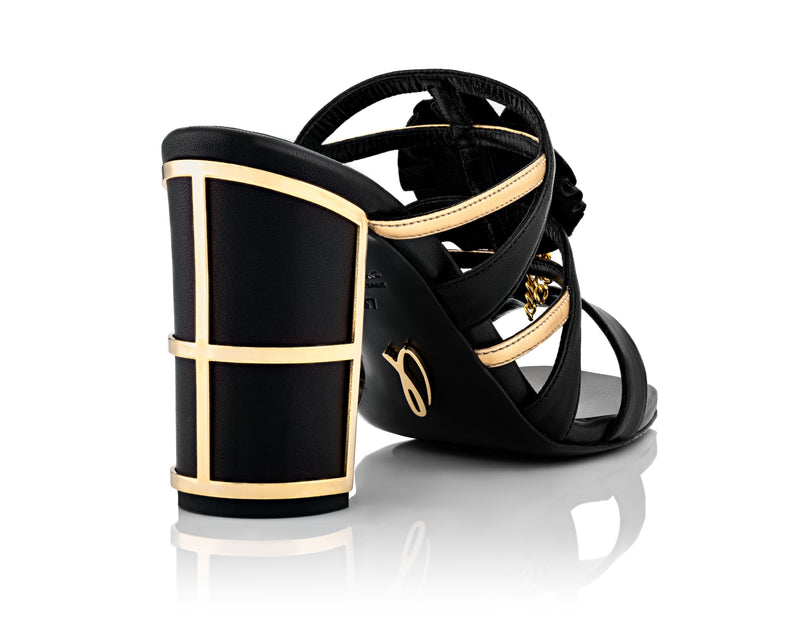 Black Italian leather sandal with gold caged heel