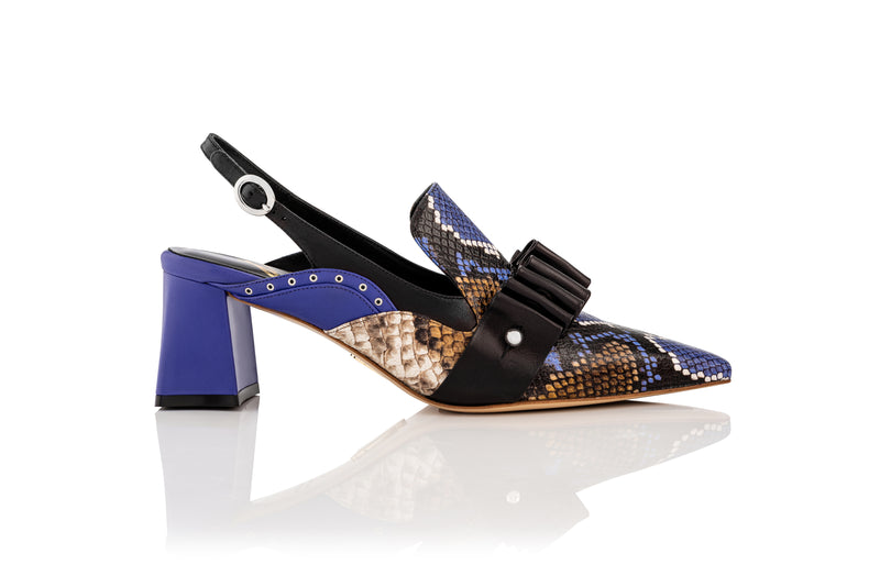 snake print sling back heel with purple leather