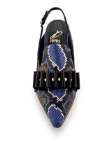 purple snake print and black leather sling heel