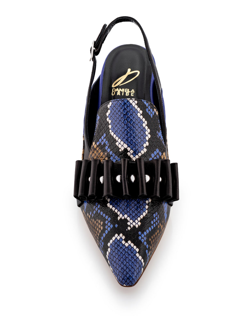purple snake print and black leather sling heel
