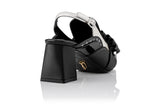 wide heel sling in black and silver italian leather