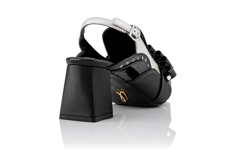 wide heel sling in black and silver italian leather