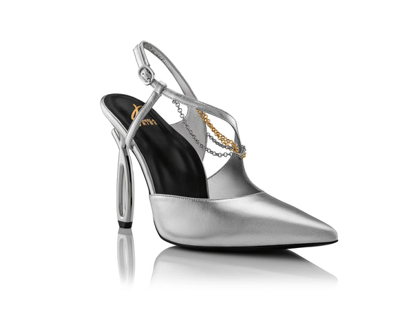 Silver high heel with gold and silver chains