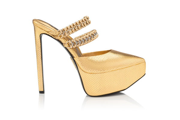 metallic gold leather platform heel with chains